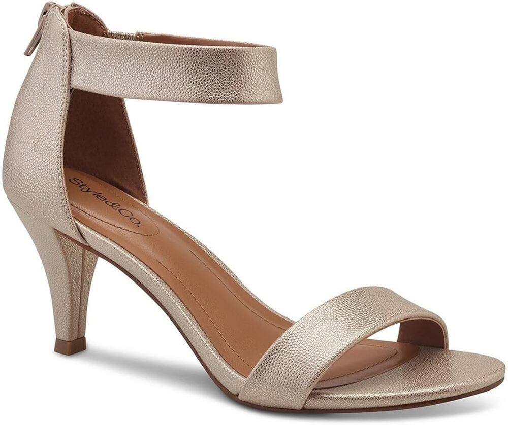 Style & Co. Mulan Champagne Gold Metallic Ankle Strap Sandals Heels Size 9 chic
